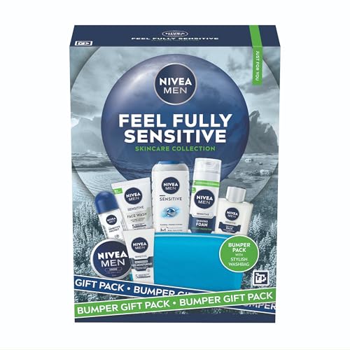 NIVEA MEN Feel Fully Sensitive Skincare Gift Set (8 Products) - Mens Gift Set - Includes Shower Gel Anti-Perspirant Face Wash Shaving Foam Post Shave Balm Moisturisers With Wash Bag