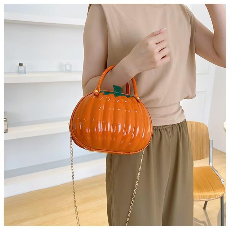 Womens Halloween Pumpkin Crossbody Bags Cute Funny Candy Purse Novelty 3D PU Leather Shoulder Bag with Chain (Orange)3