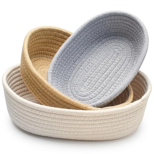 Image of AuraNest Jute Cotton Storage Basket Set of 3 | Oval Woven Shelf Organizer Bins | Multipurpose Storage for Kitchen, Bathroom, Toys & Gift Hampers | Eco-Friendly Handmade Baskets (Multicolor)