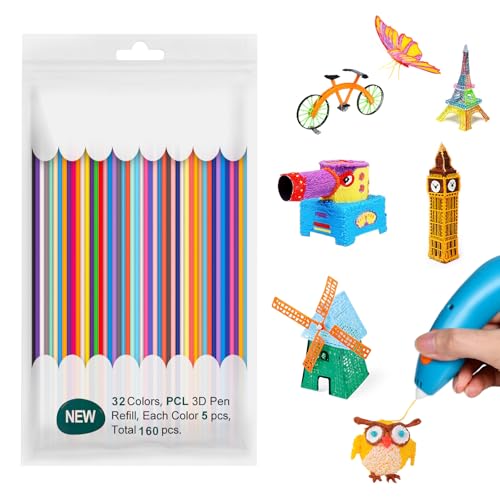 3D Pen Filamento pcl Lapiz, 160 Piezas Filamento Boli 3D para Niños, 32 Colours 2,5mm, para Baja Temperatura Printing Pen, Compatible 3Doodler Start