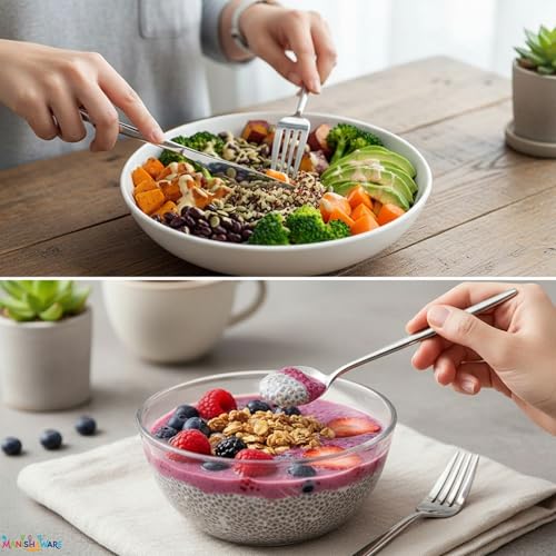 Image of Slim Handle Silver 20 Pcs Stainless Steel Cutlery Set for Dining Table, Dishwasher Safe Glossy Flatware (5 Spoon Set + 5 Forks Set + 5 Butter Knife + 5 Dessert Spoon)