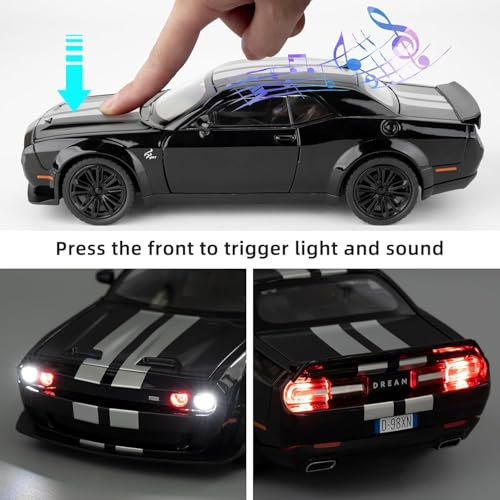 Image of 1:22 Dodge Challenger SRT Hellcat Model Car - Green Diecast Vehicle Toy with Pull Back Function, Lights & Sounds | Collectible Toy Car Model for Adults & Kids Birthday Gift (Black)