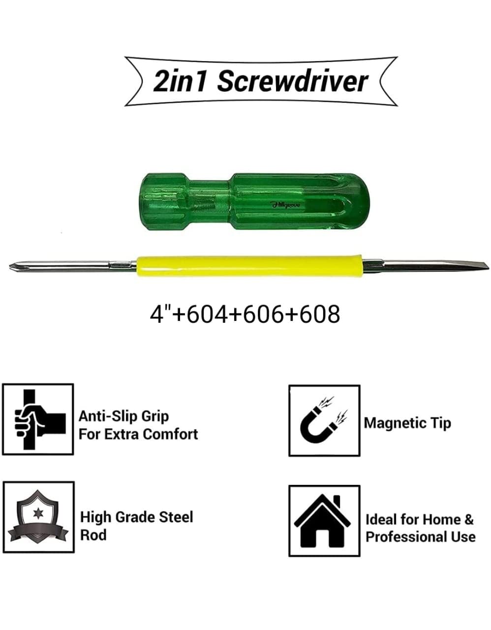 PERFECT TECH Screw Driver Set of 5 Pcs | 2 in 1 Screw Driver | (2, 4, 6, 8 Green and Silver) | Tool Steel Tester | Long handle Strong Grip Carbon Steel Combination | Multipurpose use | Magnetic Tip 2