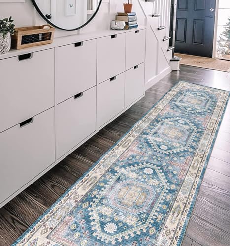 vivorug Blue Runner Rug 2'x8' Vintage Washable Non-Slip Runners for Hallways Kitchen Entryway Laundry Room Carpet Hallway Runner
