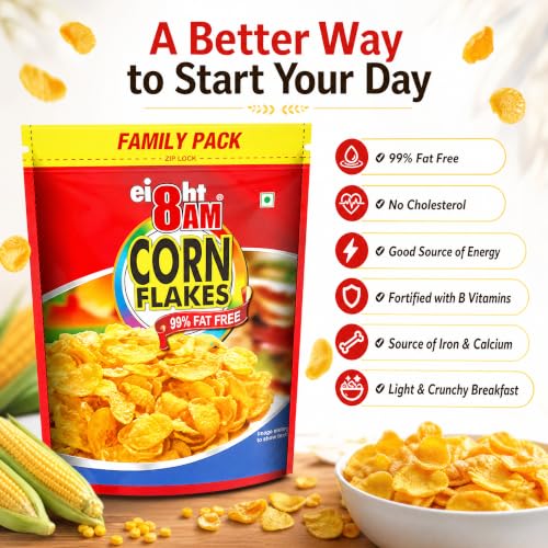 Image of 8AM Corn Flakes Family Pack 1kg, 92% Corn, 99% Fat Free, No Cholesterol, Trans Fat, Vitamin B3 & Iron, Crunchy & Nutritious Whole Grain Breakfast Cereal