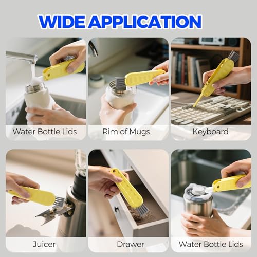 Image of Holikme 6 Pack 4 in 1 Cup Lid Cleaning Brush 3 Straws Bottle Brush,Yellow | 4 in 1 Cup Lid Cleaning Brush Multifunctional Bottle Brush, Silicone Cup Lid Gap Cleaner, Bristle Crevice Cleaning Brush