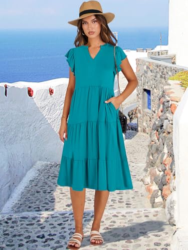 Image of ANRABESS Womens Summer Dress Ruffle Sleeve V Neck Midi Dresses Fashion Casual Fit Flowy Tiered Boho Beach Vacation Sundress