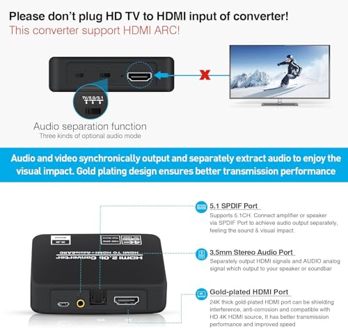 Image of avedio links 4K@60Hz HDMI 2.0b Audio Extractor Splitter Converter, HDMI to HDMI + Optical Toslink SPDIF + 3.5mm Stereo Analog Audio, HDMI Audio Embedder Inserter for PS5,Xbox, Optical Fiber Included