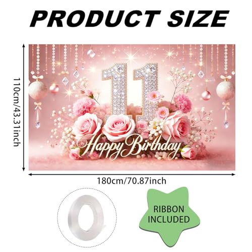 Image of Nuxovilar 11th Birthday Banner - Elegant Pink & Gold Floral Backdrop | with Glitter inch11 inch Sign, 71x43 Inch Large Party Decor for Women & Men, Reusable Indoor /Outdoor Hanging