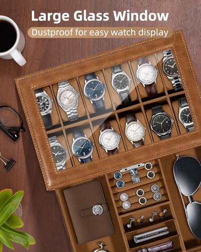 Image of Uten 12-Slot Watch Box, 2-Layers PU Leather Watch Case with Glass Lid, Watch Holder Organizer with Soft Pillow and Velvet Lining, Watch and Jewelry Storage Box, Brown