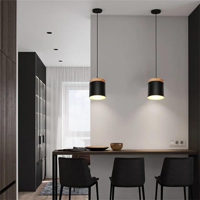 Lámpara colgante de metal con madera E27 para techo de comedor 3
