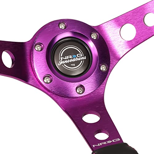 Image of NRG Innovations NRG-RST-006PP Reinforced Steering Wheel 350MM Sport Steering Wheel (3 inch Deep), Black Leather, Purple Center Mark with Purple Stitching