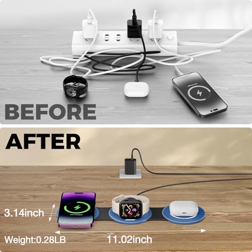 Image of Hicober 3 in 1 Charging Station for Apple Multiple Devices, Foldable Travel Wireless Charger 18W for iPhone Air 17 16 15 14 13 Pro Max Plus &Apple Watch Series /Airpods Light Blue