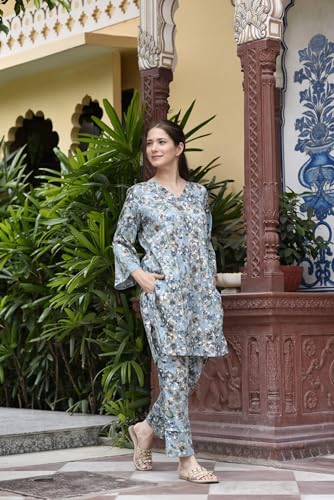 Fabnex Cotton Blend Regular Women Kurta Set (Kk-32-Blue-M_Blue