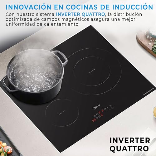 Vista de la Placa de Inducción Midea con olla hirviendo, destacando la tecnología Inverter Quattro que mejora la distribución del calor.