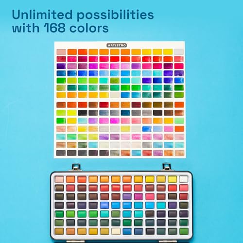 Image of ARTISTRO 168 Color Watercolor Paint Set - Portable Paint Art Kit with Palette and Brush Pens - Travel Water Color Set for Adults, Professionals, Kids - Art and Painting Supplies - Gift Idea