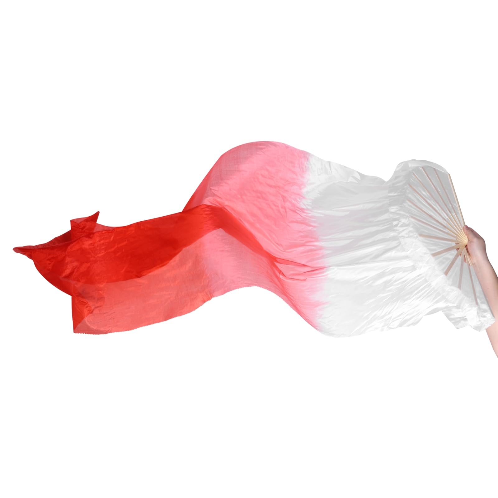 PATIKIL Belly Dance Silk Fan Veil 71", 1 Pack Women Long Folding Dance Fan Wood Fan for Dance Performance Right Hand, White Gradient Red