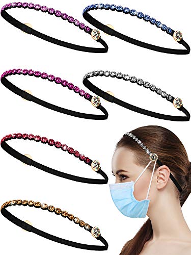 Waydress 6 Pieces Headbands with Buttons, Skinny Glitter Headband Non-slip Elastic Hair Band Button Headband Ear Protection Holder for Sports Yoga Workout (Vibrant Pattern)