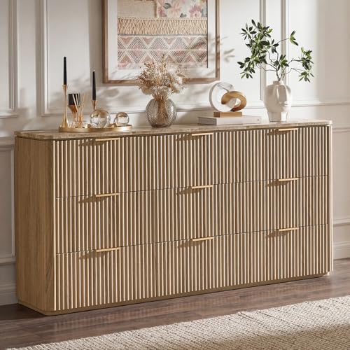 Dresser for Bedroom with 9 Drawers, 63'W Chest of Drawers, Fluted Dresser with Faux Marble Top...