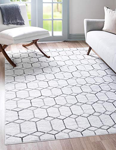 Rugs.com Lattice Trellis Collection Rug – 7 x 10 White Low-Pile Rug Perfect for Living Rooms, Large Dining Rooms, Open Floorplans