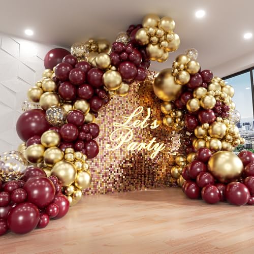 Burgundy Balloon Arch Garland Kit with Burgundy Maroon Gold Confetti Balloons for Birthday Graduation Bridal Shower Party Decorations
