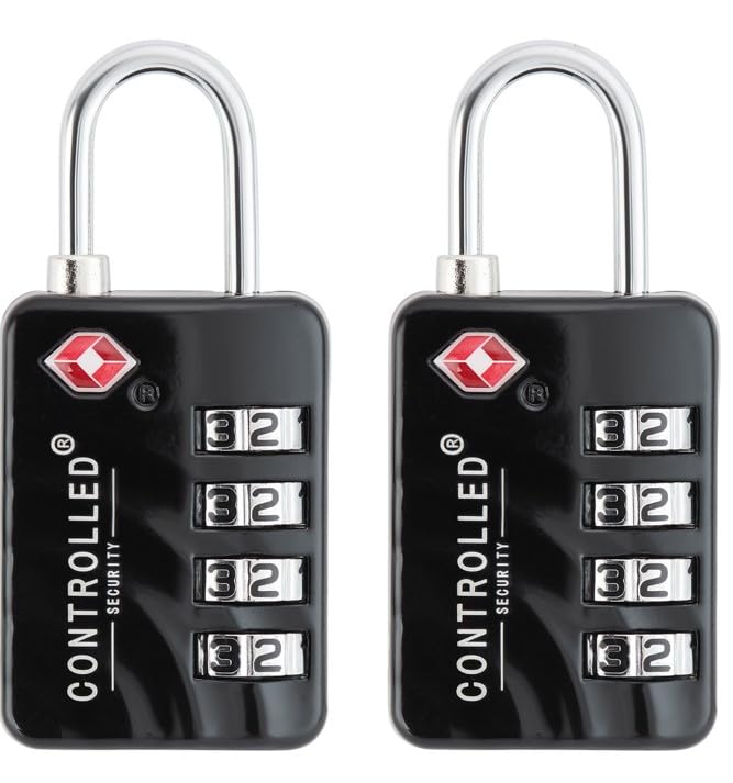Controlled SecurityControlled Security TSA Approved Luggage Locks - Pack of 2 - Black 4 Digit Combination Locks for Luggage, Backpacks & Lockers