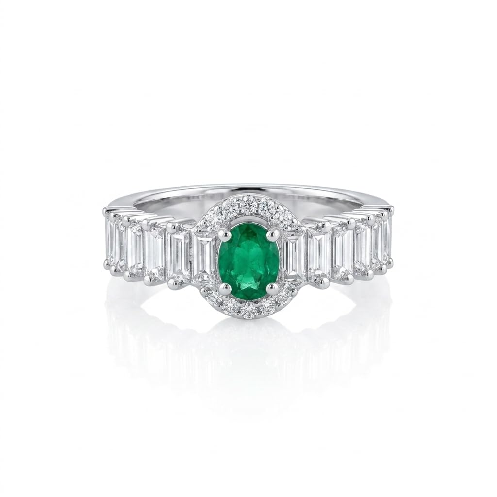 Adjustable Oval Emerald American Diamond Ring for Women | 925 Silver White Gold Plated Halo Ring with Emerald Green Centre Stone & Pavé Diamond Band | Elegant Wedding, Party & Gift Jewellery-image-43