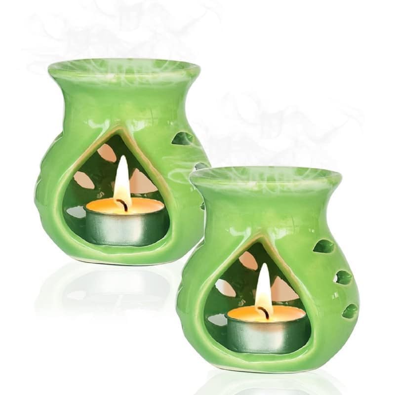 Image of Pure Source India Ceramic Aroma Oil Diffuser Gift Set with 10ML Relaxing Oil & Tealight Candles | 97 Burner for Home Fragrance & Relaxation | Ideal for Gifting & Home Decor (Green)