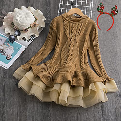Girls Christmas Sweater Dress Toddler Kids Long Sleeve Solid Color Knit Sweater Dress Casual (Khaki, 2-3 Years)4