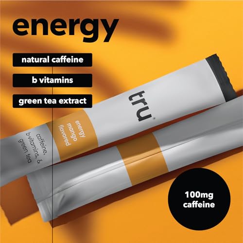 Image of Tru Energy Powder, Natural Caffeine Supplement with Green Tea Extract, Pre Workout Drink Mix with Vitamin B6, Vitamin B12, Monk Fruit & Stevia, Sugar Free, Gluten Free, Vegan, Mango Flavor, 12 Packets