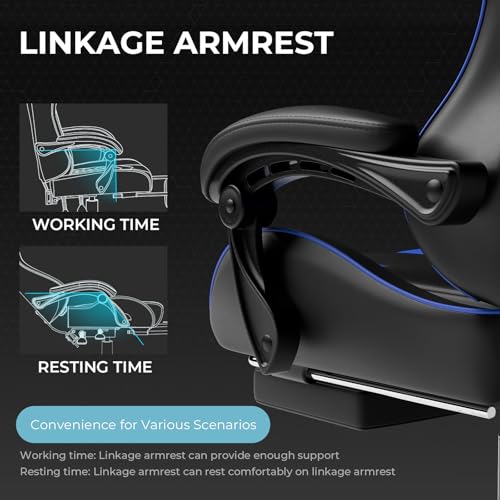 GTPLAYER Gaming Chair, Computer Chair with Footrest and Lumbar Support, Height Adjustable Game Chair with 360°-Swivel Seat and Headrest and for Office or Gaming (Faux Leather, Blue)
