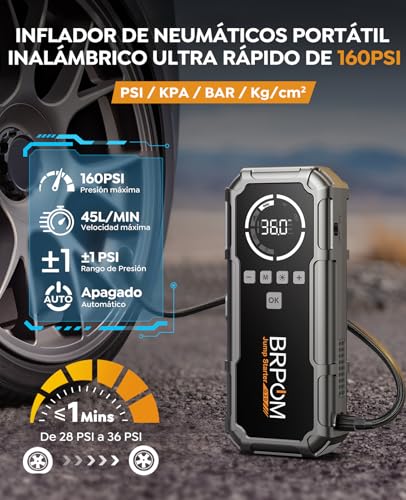 BRPOM Arrancador de baterías de Coche 8000 A con compresor de Aire 160 PSI, 12 V, para Motores Gasolina y diésel hasta 12 L, 26800 mAh, Pantalla LCD de 3,2 Pulgadas y luz LED 600 LM - Imagen 4