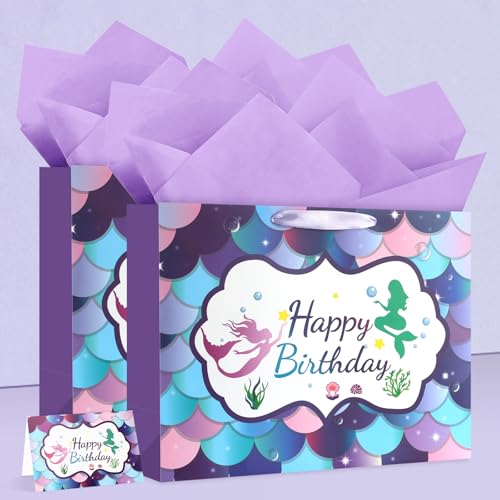 Image of JMANNI Large Happy Birthday Gift Bag with Tissue Papers and Greeting Card,Portable Paper Mermaid Gift Bags with Handles,Purple Present Bags for Women Girls Birthday Party Supplies13 x 10.2 inch x4.7 inch