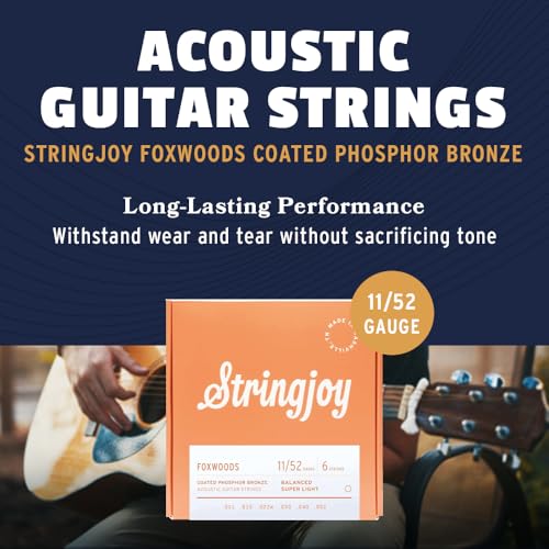 Stringjoy Balanced Super Light Foxwoods Coated Phosphor Bronze Acoustic Guitar Strings 11-52, FW1152, Long-Lasting Tone and Sound Quality, Acoustic 6 String Set, 2-Pack