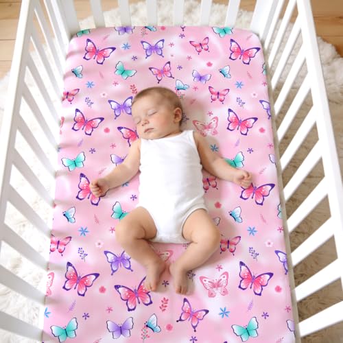 Image of JISEN Baby Fitted Crib Sheets for Boys Girls 52x28 Inch Butterfly Pink