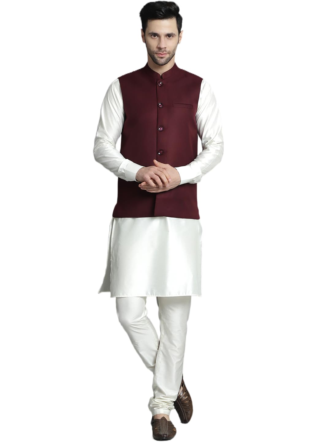jompers Men's Solid Nehru Jacket with White Kurta & Churidar-picture-24