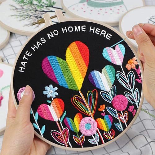 Image of Louise Maelys Flower Beginners Embroidery Kits,Cross Stitch Kit for Adults,DIY Needlepoint with LGBT Love Pattern,Including Cloth, Needles,Threads and Instruction