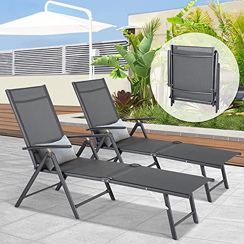 Esright Outdoor Chaise Lounge Chair, Folding Textilene Reclining Lounge Chair For Beach Yard Pool Patio With 7 Back & 2 Leg Adjustable Positions, Gray #TOP1