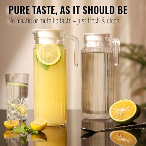Image of Water Jug - Detox Glass Jugs with Lid for Dining Table - Elegant 1100 ml Transparent Pitcher for Juice, Iced Tea, Infused Water, Milk, Lemonade, Hot & Cold Beverages, Droplis