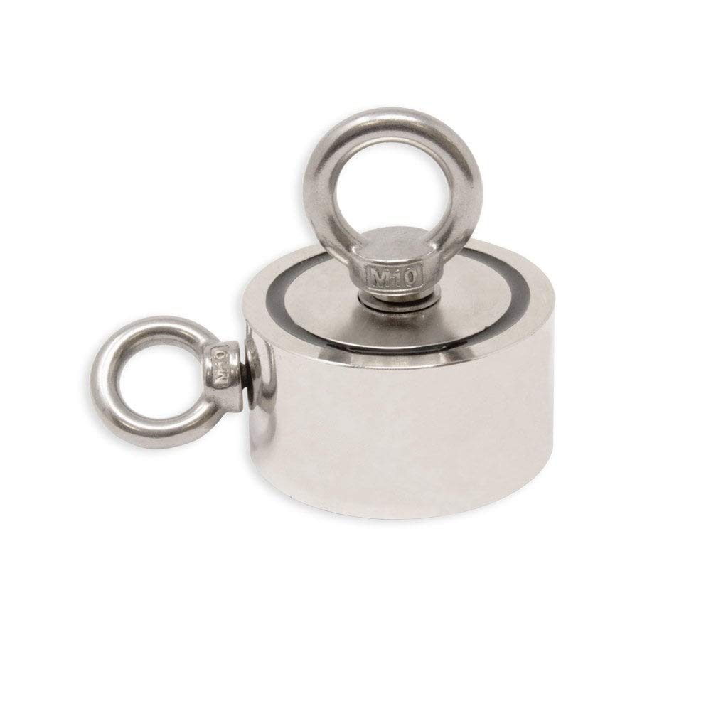 Magnet de Bote de Neodimio N42 Con 1X M10 Y 1X M8 Eyebolt Y 10M Cordida Para Pesca Por Imán, Recuperación Y Caza de Tesoros - 75mm de Diámetro x 25mm - 200kg