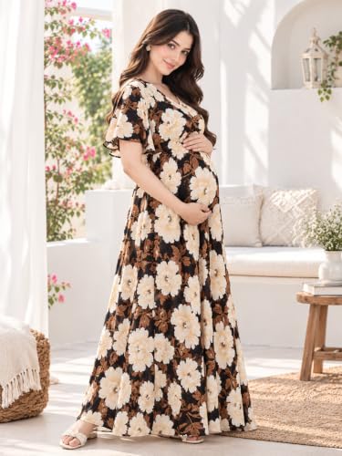 Image of CLOUD SOFT Women's Rayon Cotton Floral Printed Maternity Feeding Gown | Full-Length Nursing Nighty with Zipper | Pre & Post Pregnancy Dress (CS11004-5 MT All)