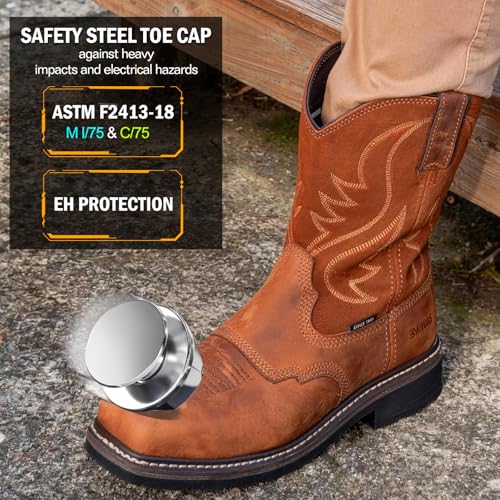Image of Showave Steel Toe Cowboy Boots for Men Western Square Toe Work Boot Full-grain Leather Safety Boots with Hazard Protection for Construction Manufacture Farming