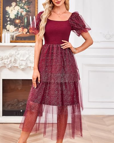 Youtalia Women's Smocked Tulle Midi Dress Tiered Shimmer Square Neck Puffy Sleeve Wedding Evening Party Dresses4
