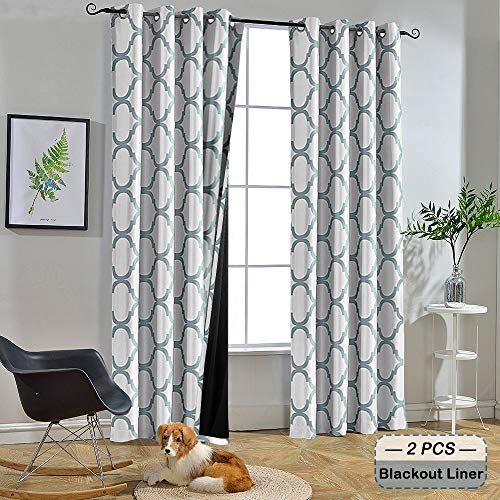 Melodieux Moroccan Blackout Lined Curtains for Bedroom 84 Inches Long, Living Room Thermal Insulated Black Liner Grommet Drapes, 52 by 84 Inch, Off White/Dusty Blue (2 Panels)