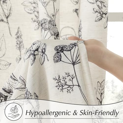 Image of FMFUNCTEX Linen Curtains Floral Patterned Curtain for Bedroom Living Room, Black Curtains 63 Inch Length Farmhouse, Light Filtering Beige Window Curtain Grommet Top 2 Panels Set