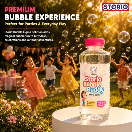 Image of Storio Bubble Liquid Solution Bottle 750ml | Colorful Bubble Refill for Bubble Guns, Camera & Machine Toys | Safe & BIS Approved Bubble Water for Kids 3+ Years