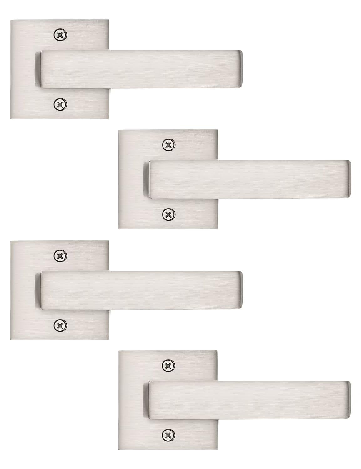 Tinewa 4 Pack Dummy Door Handles Brushed Nickel for Left Hand and Right Hand, Mordern Square Closet Hallway Door Knobs, Non-Turning Single Side Pull