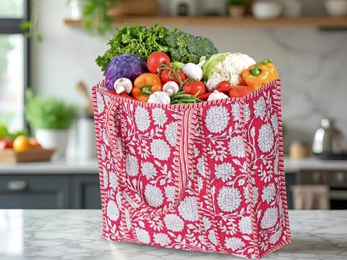 Image of Cotton Tiger Block Print Tote Bag, Indian Handmade Shopping Shoulder Bag, Unisex Market Daily Use