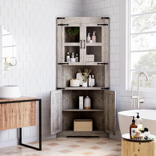 GAOMON Farmhouse Corner Cabinet, Tall Corner Storage Cabinet with Glass Door & Adjustable Shelves, Bathroom Cabinet with Storage for Living Room, Kitchen, Bathroom, Washed Grey