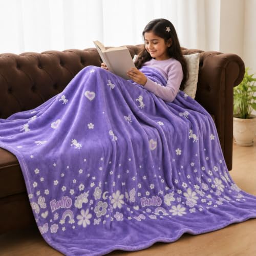 Image of Famyo GlowMaxx AC Blanket for Kids, Glow in the Dark Soft Flannel Blanket | 200x152 cm Double Bed Size | Lightweight Blanket for AC Rooms, Lab-Tested & Skin-Friendly, Lavender for Kids